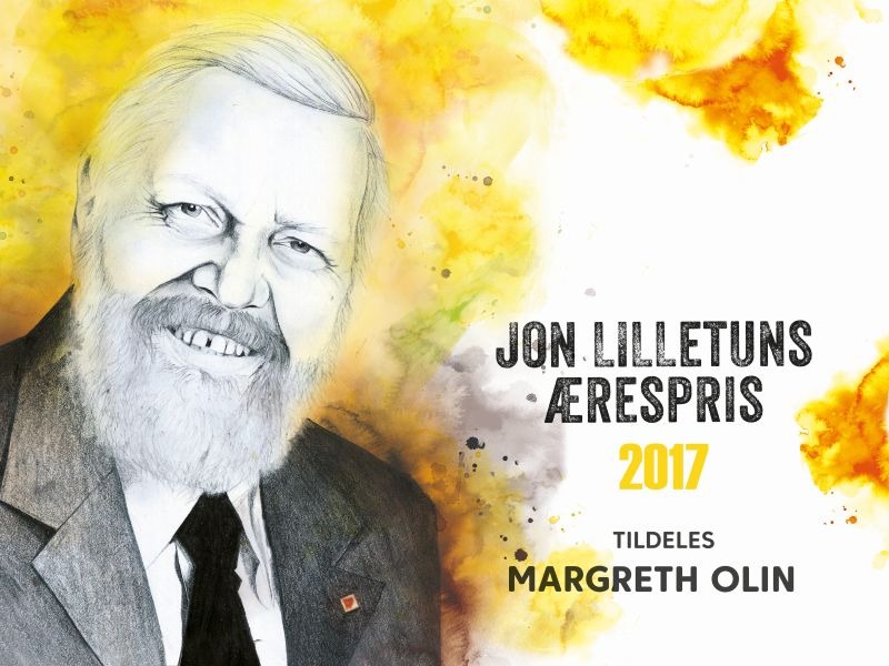 Tegnet bilde av Jon Lilletun med teksten Jon Lilletuns ærespris 2017 tildeles Margreth Olin