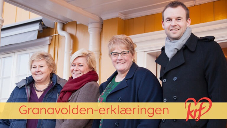 Lederne for de fire regjeringspartiene fra venstre: Erna Solberg, Siv Jensen, Trine Skei Grande og Kjell Ingolf Ropstad