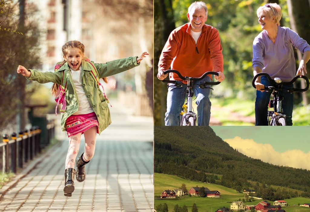 Tre illustrasjonsfoto sammenstilt. Ett av en jente som hopper med ryggsekk på. Ett med et eldre par som sykler sammen. Ett landsskapsbilde fra en norsk gård.