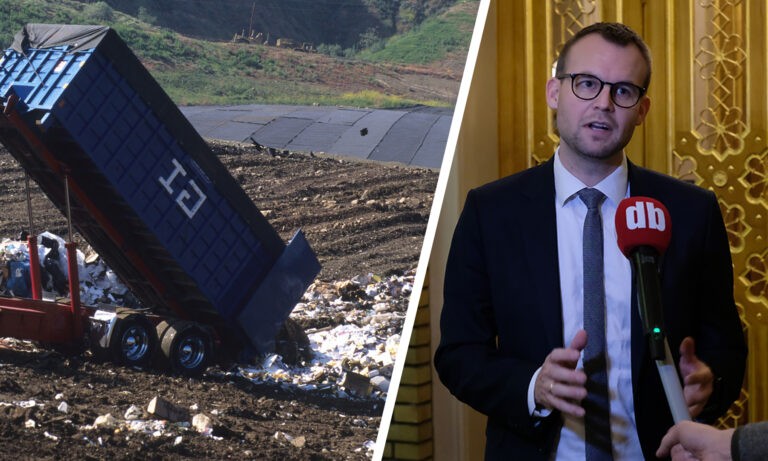 Et todelt bilde. På venstre side et bilde av et lass med søppel som kastes på en søppeldynge. Til høyre et bilde av KrF-representant Kjell Ingolf Ropstad.
