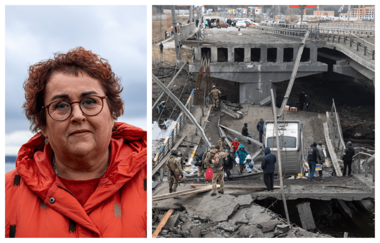 Bombet bro i Ukraina og innfelt bilde av olaug Bollestad