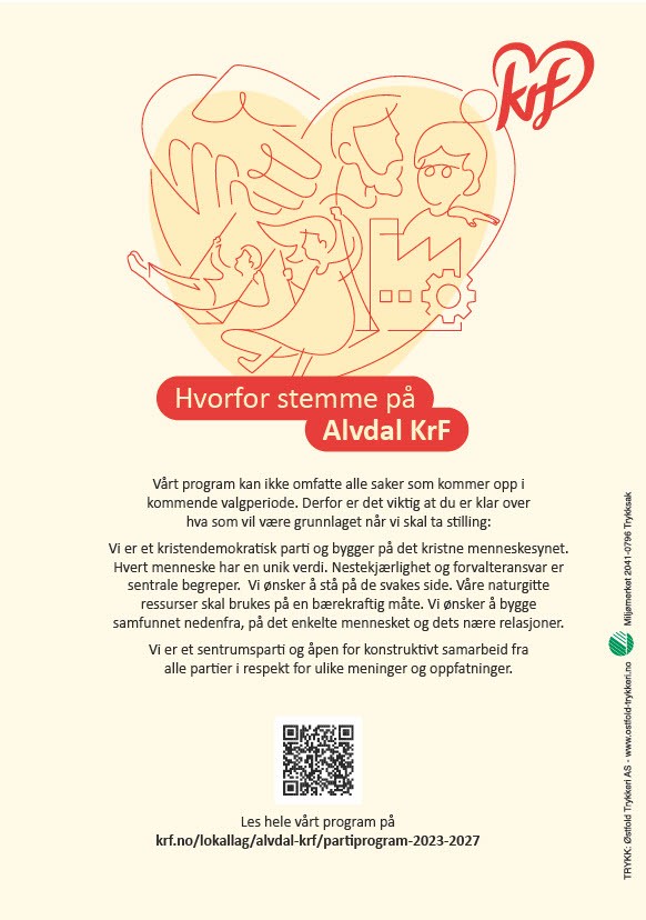 Baksiden til valgkampbrosjyren til Alvdal KrF med tekst om "hvorfor stemme på Alvdal KrF".