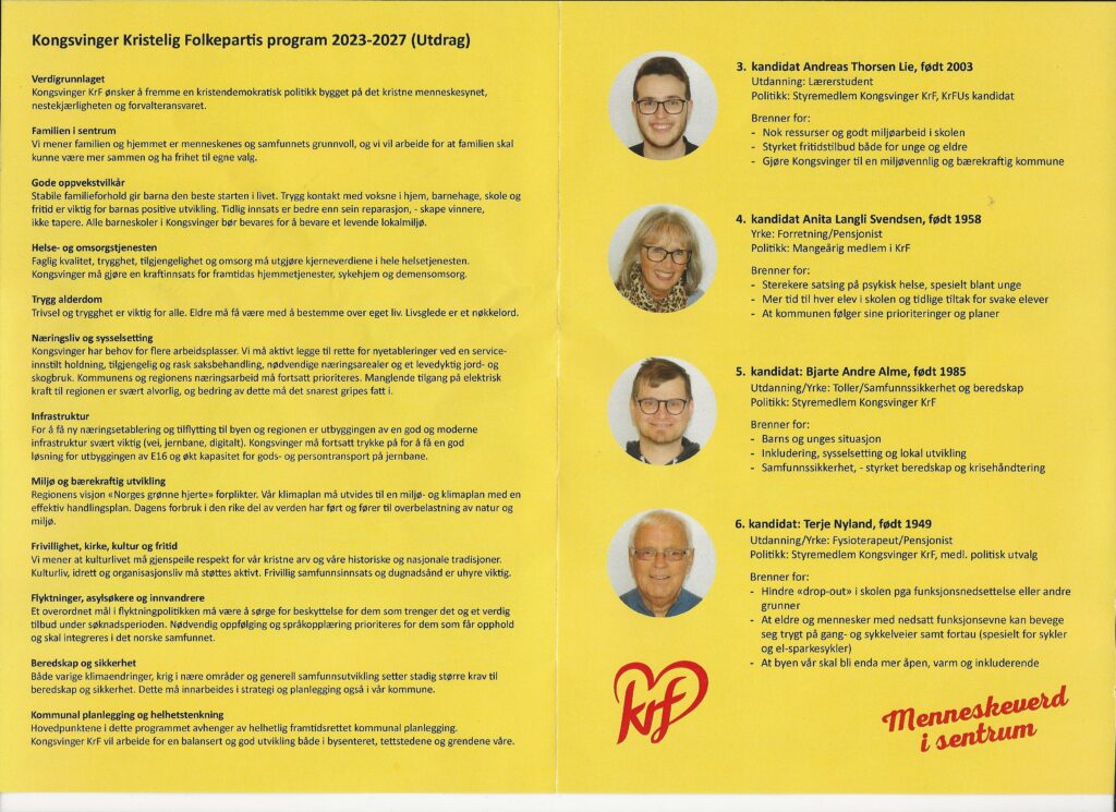 Presentasjon av 3., 4., 5. og 6.kandidat og utdrag av politisk program 2023-2027 til kommunevalget 2023 for Kongsvinger KrF