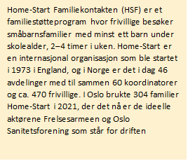 Home-Start Familiekontakten er et familiestøtteprogram hvor frivillige besøker småbarnsfamilier med minst ett barn under skolealder, 2-4 timer i uken.
