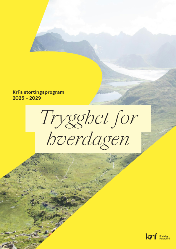 Forsiden av KrFs partiprogram som inneholder et fjellandskap og teksten "Trygghet for hverdagen"